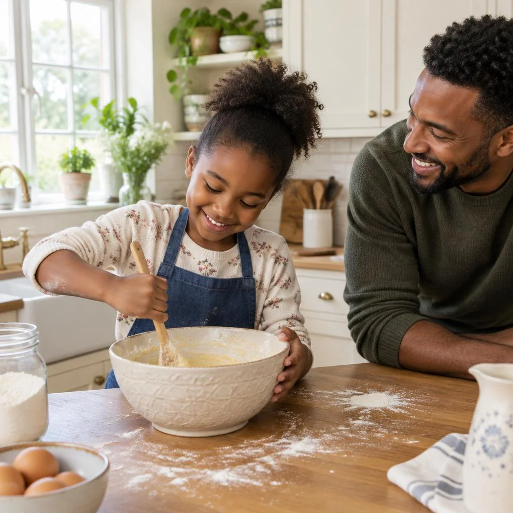 A child mixes batter in a warm kitchen while her father watches and smiles.