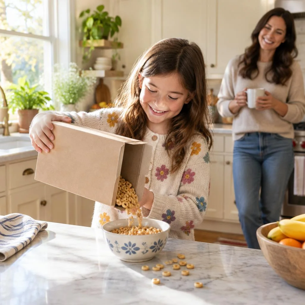 A child independently pours cereal, spilling a little on the kitchen counter, while her mother smiles with a coffee mug.